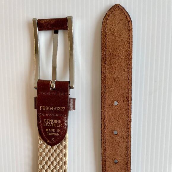 Leather Woven Elastic Belt Unisex S Silver Buckle Preppy Collegiate Classic - Picture 8 of 10